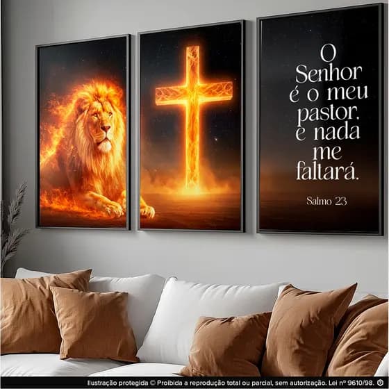 Kit 3 Quadros Leão de Fogo Cruz Salmo 23 – Fé e Proteção Decor Cristão