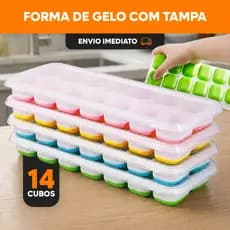 Kit Forma de Gelo Silicone com Tampa Rígida 14 Cubos Fundo Flexível Retangular Lavável Multiuso