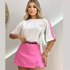 Short Saia Feminino Alfaiataria com Fenda Cintura Alta e Cinto Tendência Verão 2025