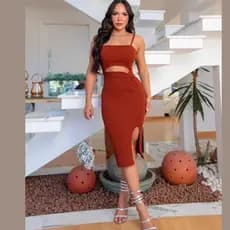 Vestido Feminino Midi com Fenda de Alcinha Anarruga Canelado Tubinho Longo (Verão 2025) PROMOÇÃO