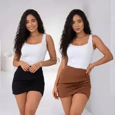 Kit Duplo Short Saia Feminina Grapeado Blogueira Tendência Drapeada Cintura Alta Tecido Encorpado Não Marca,