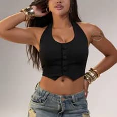 Cropped Corselete Feminino Neoprene Estilo Alfaiataria com Bojo Botão Frente Lançamento Verão 2026 Premium