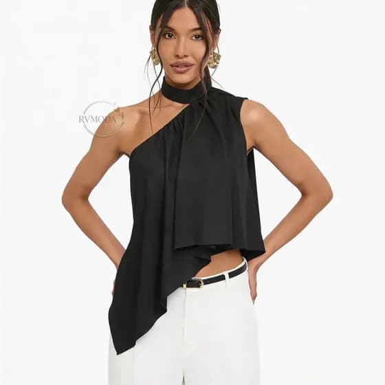 Blusa Feminina Frente Única Gola Alta Assimétrica Boho Chic Elegante Festa Tendência 2026