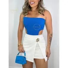 Short Saia Feminino Neoprene Com Modelagem Alfaiataria Cintura Alta com Fivela Flor Elegante Premium