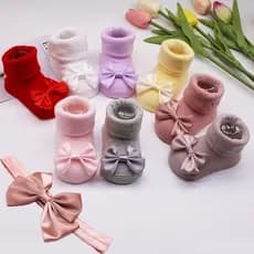 2Pcs Princess Baby Girls Socks Conjunto De Meias Para Bebês Faixas De Cabelo De Cor Sólida Recém-Nascido Elásticas Com Nó De Arco Costela