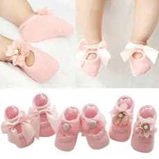 3 Pares/Lot Flor De Renda Meias De Bebê Recém-Nascidas Algodão Antiderrapante Piso Laço Para Meninas Mola