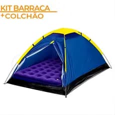 Conjunto de Barraca A Prova D'Água Camping 4 Lugares e Colchão de Casal Resistente Inflável Acampamento