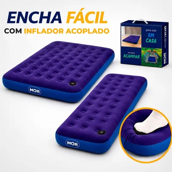 Colchão de Casal e Solteiro Inflável Inflador Acoplado Uso Fácil Resistente Aveludado Portátil MOR