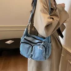Bolsa Crossbody jeans Casual para meninas com armazenamento multicamadas