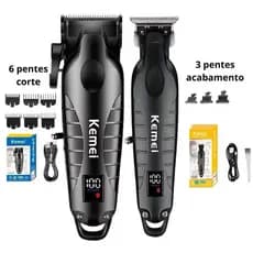 Kit Maquina Cortar Cabelo + Acabamento Kemei Original 10w Potente Detalier Barbeiro Profissional