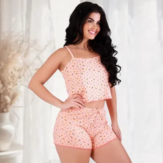 Kit 2 Baby Doll Short Doll Cropped Estampado Canelado Suede Alça Confortável
