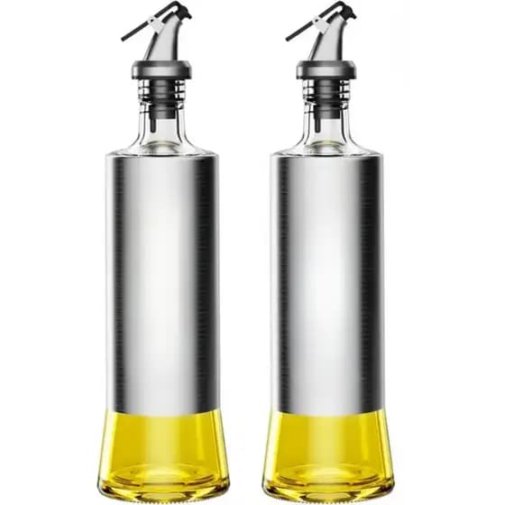 Kit 2 Porta Azeite com Dosador Galheteira Vinagre Óleo em Aço Inox e Visor Premium de Vidro