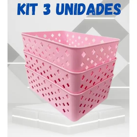 Kit 3 Cesto Organizador Multiuso Rosa 19x13x6cm Gaveta Cozinha Lavanderia