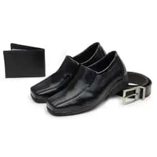 Kit Sapato Social Infantil Menino Bico Quadrado Igreja Evangelico Elastico Com Cinto e Carteira