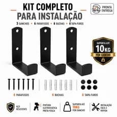 Gancho De Parede Preto Kit 3 Multiuso Industrial Com Parafusos