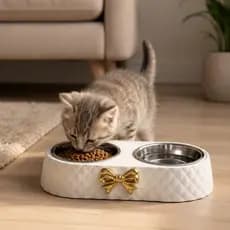 Comedouro Duplo Luxo Inox Antiderrapante Para Gatos e Cachorros Pequenos