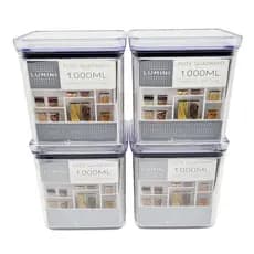 Kit 4 Potes Herméticos 1L Empilháveis  Quadrados  Acrílico  Organização  Armários Despensa Ateliêrs