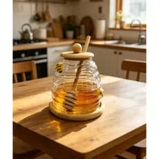 Meleira De Vidro Com Base De Madeira 480ml Para Mel