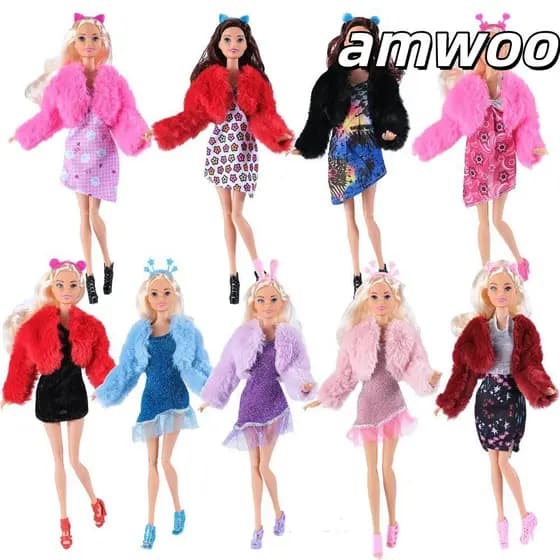 AMWOO Vestidos De Festa Elegantes , Moda Casual Usa Jaqueta De Pele , Com Salto Alto Para Bonecas 1/6 BJD 30 Cm