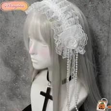 Tiara De Renda MAGICO , Faixa De Cabeça Gótica Lolita Com Borla Babados , Acessórios De Cabelo Flor Rosa Preta E Branca
