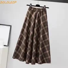Saia Longa De Cintura Alta , Xadrez Retrô Clássica De Inverno Autumu , Meio Vestido Evasê