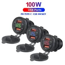 Tomada De Carregador USB De 100W 12V/24V Carga Rápida Dupla De 18W 3.0 & 20W PD-C Para Motocicleta De Carro Com Voltímetro E Interruptor De Alimentação