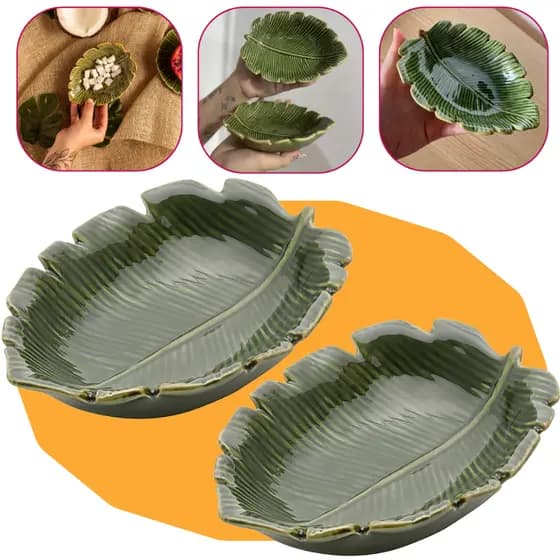 Jogo 2 Pratos Folhas Cerâmica Decorativo Folha Banana Leaf Petisqueira Natural 16cm - Lyor