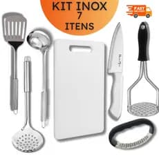Kit Cozinha 7 Peças Inox e Branco: Tábua, Faca Peixeira, Amassador Alho/Batata, Concha e Escumadeira Presente Casamento