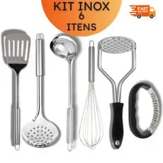 Kit 6 Utensílios Cozinha Inox Premium: Amassador Alho, Batata, Fuê, Concha, Escumadeira e Espátula - Jogo Reforçado