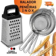 Kit Ralador 4 Faces + 3 Peneiras Inox 10 12 14 cm Cozinha Coador Utensílios Alimentos Fatiador