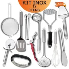 Kit Cozinha Inox 12 Peças: Jogo Utensílios Completo, Amassador, Saca Rolhas, Escumadeira e Fuê - Presente Casamento