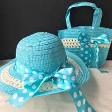 Kit de Infantil Bolsa e Chapéu Proteção Solar De Verão Palha De Praia Piscina Laço Poa ou Chapéu de Flor Menina