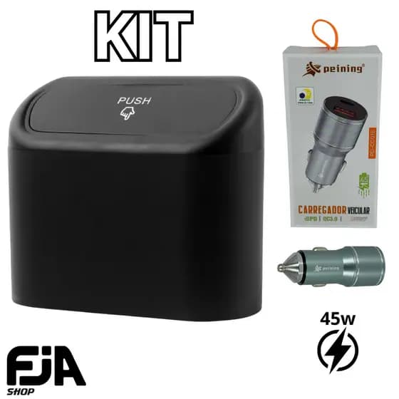 Kit Lixeira para Carro + Carregador Veicular 45W - Lixeira com tampa retrátil preto portátil com carregador veicular