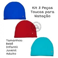 Kit 3 Toucas para Natação e Hidroginástica em Tecido UV50 Tamanho Infantil Adulto, Plus Size e Bebê