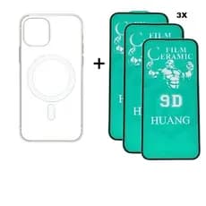Kit 4em1 Capa MagSafe + 3x Película Cerâmica Para iPhone 11 12 13 14 15 16 Pro Max | iLux