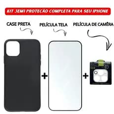 Kit 3em1 Capa Preta + Película Vidro Temperado 3D + Película Câmera Para iPhone 11 12 13 14 15 16 Pro Max | iLux