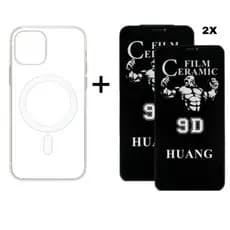 Kit 3em1 Capa MagSafe + 2x Película Cerâmica Privacidade Para iPhone 11 12 13 14 15 16 Pro Max | iLux