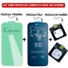 Kit 3em1 Película Traseira + Câmera Transparente + Película Cerâmica Fosca Privacidade iPhone 11 ao 16 Pro Max | iLux