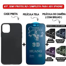 Kit 3em1 Capa Preta + Película Cerâmica Fosca Privacidade + Película Câmera Diamante iPhone 11 ao 16 Pro Max | iLux