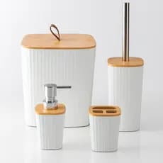 Kit Lavabo Banheiro 4 Peças Tampa de Bambu Com Lixeira Dispenser Porta Escova e Escova Sanitária