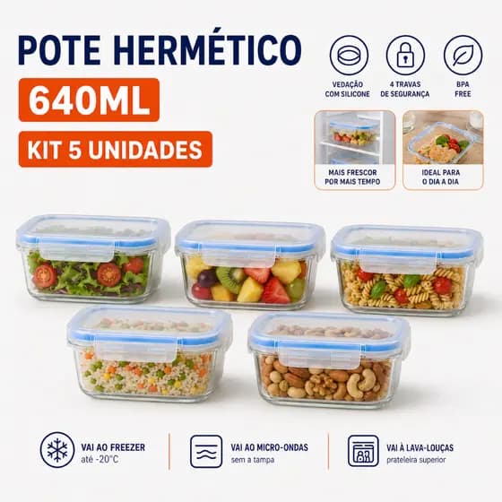 1, 2 ou 6 Pote de Vidro Com Tampa 640ml Retangular Para Marmita Micro-ondas Forno Tampa 4 Travas