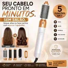 Escova Secadora 5 em 1 Profissional 110V Seca Alisa Modela Cachos Ar Quente Premium Branca Dourada