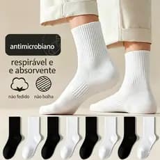 Kit 6/12 Meia Masculina Cano Médio Pares Respirável Confortável Básica Preta Branca 40-46