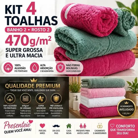 Jogo/Kit 2 Toalhas de Banho Banhão e 2 Toalhas de Rosto Algodão Fio Penteado Grossa Macia Felpuda