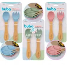 KIT TALHER INFANTIL BUBA SILICONE E BAMBU GARFO E COLHER INTRODUÇÃO ALIMENTAR BEBÊ BUBA