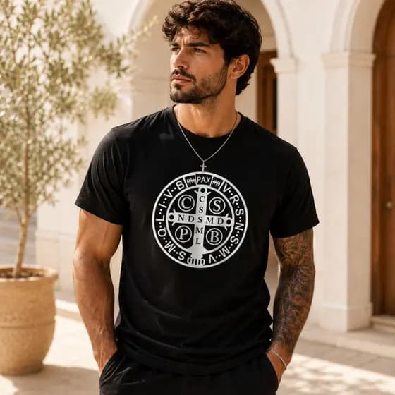 Camiseta Religiosa Medalha de São Bento Camisa 100% Algodão Gola Redonda Premium Unissex