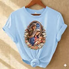 Camisa Camiseta Feminina Blusinha Religiosa Sagrada Família de Jesus Tendência 100% Algodão