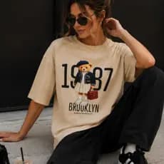 Camiseta Feminina Estampa Urso Tshirt 100% Algodão Casual Confortável Tendência Leve
