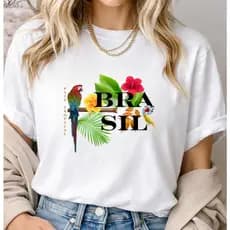 Camisa Feminina Estampa Arara Brasil Camiseta Gola Redonda 100% Algodão Tropical