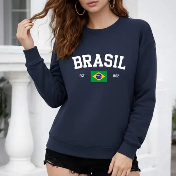 Blusa de Frio Moletom Feminino Brasil Gola Careca Casual Basico Flanelado Inverno